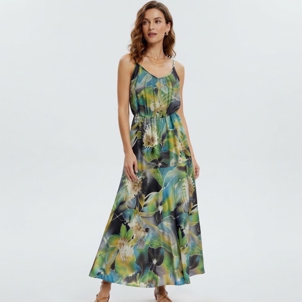 Vintage Spiegel 100% Silk Floral Maxi Dress Watercolor Spaghetti Strap Green 6